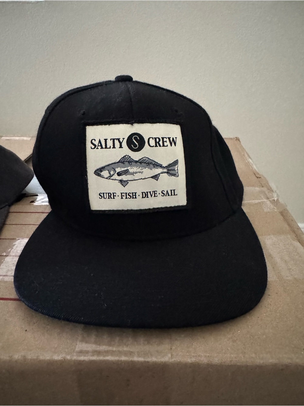 Salty Crew Black Snapback Hat with Fish Patch